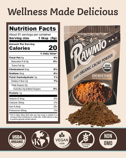 Rawmio Raw Organic Cacao Powder - Nutrient-Dense with Dietary Fiber, Iron, & Calcium - Rich & Creamy Raw Cacao for Drinking or Baking - Organic Cocoa Powder Alternative - 16 oz, Pack of 3