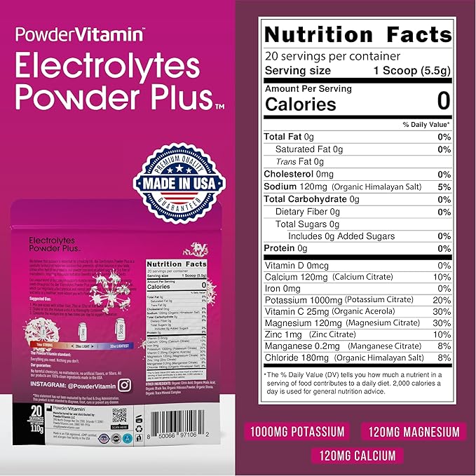 PowderVitamin Electrolytes Powder Plus (20 Servings) Black Tea Hibiscus Electrolyte Powder Keto, Sugar Free, Pink Himalayan Salt,1000mg Potassium,120mg Calcium,120mg Magnesium, Hydration Powder