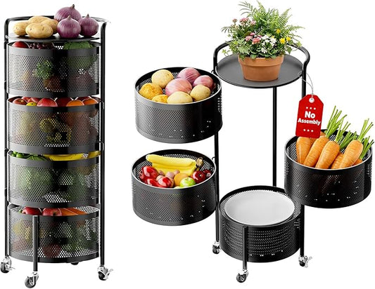 JAQ No Assembly Integrated Vegetable Storage Rack, 4-Tier Rotating Fruit Basket with Wheels, Solid Carbon Steel Kitchen Storage Cart for Potato Onion Produce, Fruteros para Cocina, Black