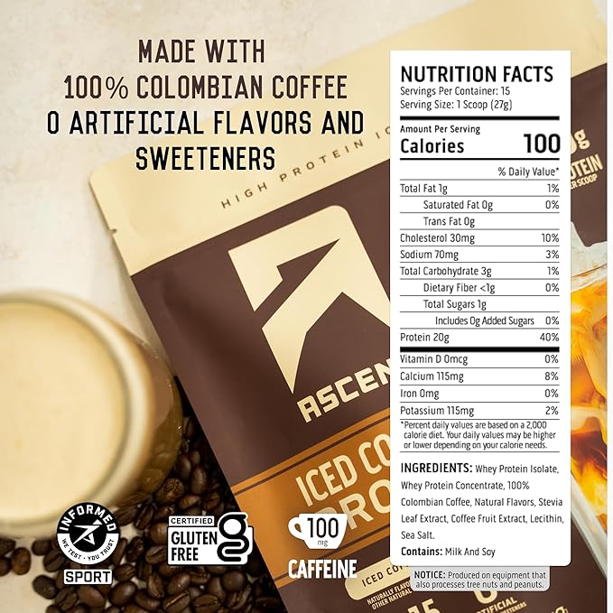 Ascent Iced Coffee Protein Powder - High Protein Coffee Powder, 20 g Protein & 100 mg Caffeine from Premium Colombian Coffee, Zero Artificial Flavors & Sweeteners - 15 Servings