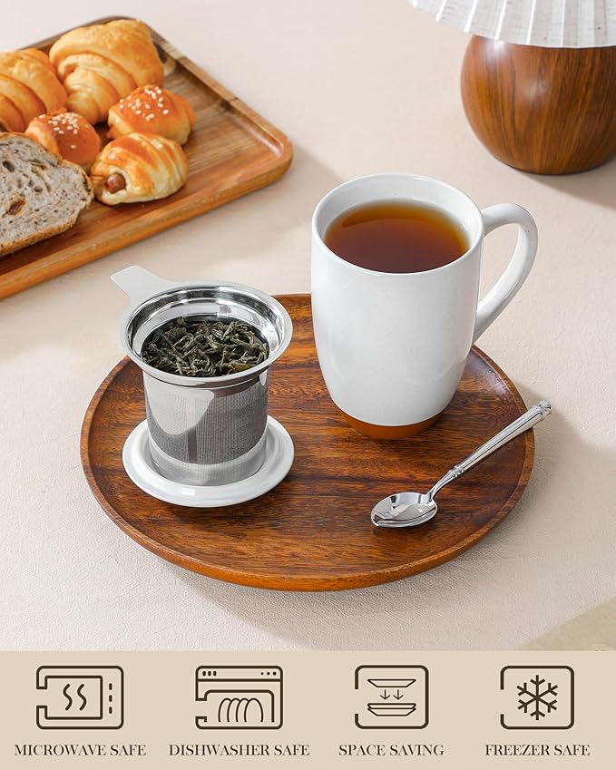 MALACASA Ceramic Tea Mug with Lid and Stainless Steel Infuser, 18 oz Large Tea Cup for Loose Leaf Tea, Heat-Resistant, Microwave & Dishwasher Safe, Speckled Glaze Coffee & Tea Brewer Mug, Khaki White