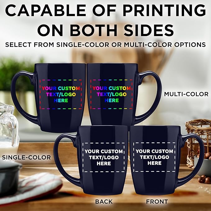 DISCOUNT PROMOS Custom Curved Java Coffee Mug 12 oz. Set of 10/50/100 - Personalized Bulk Pack - Stoneware Restaurant Cups - Cobalt Blue