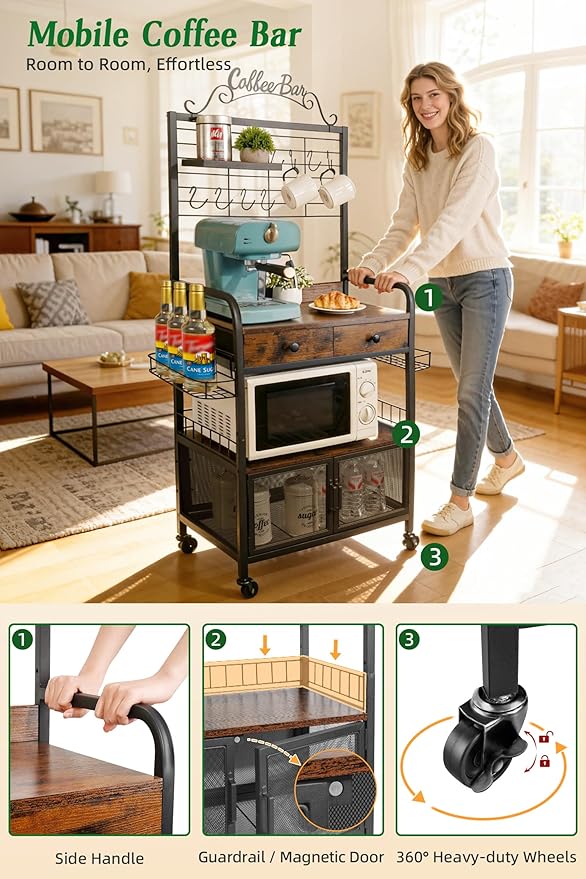 Rolling Coffee Bar Cart for Small Spaces, Coffee Station Cabinet with Storage, Apartment Coffee Nook, Side Syrup Rack, Tea Pod Drawer, Magnetic Doors, Lockable Wheels, Rustic Brown