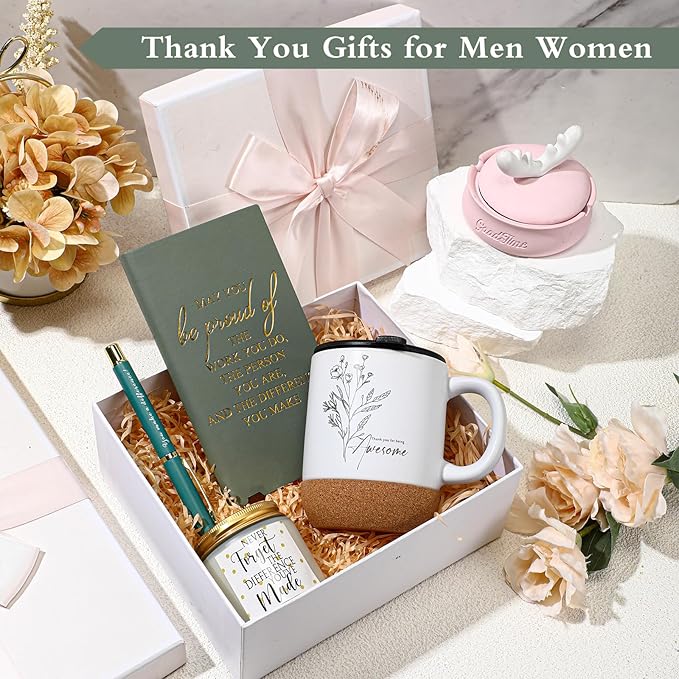 4 Pcs Thank You Gift Set for Men Women Employee Coworker Gifts Inspirational Appreciation Notebook Coffee Mug Scented Candle Pen for Valentine's Day Team Office Staff Teacher Volunteer Nurse