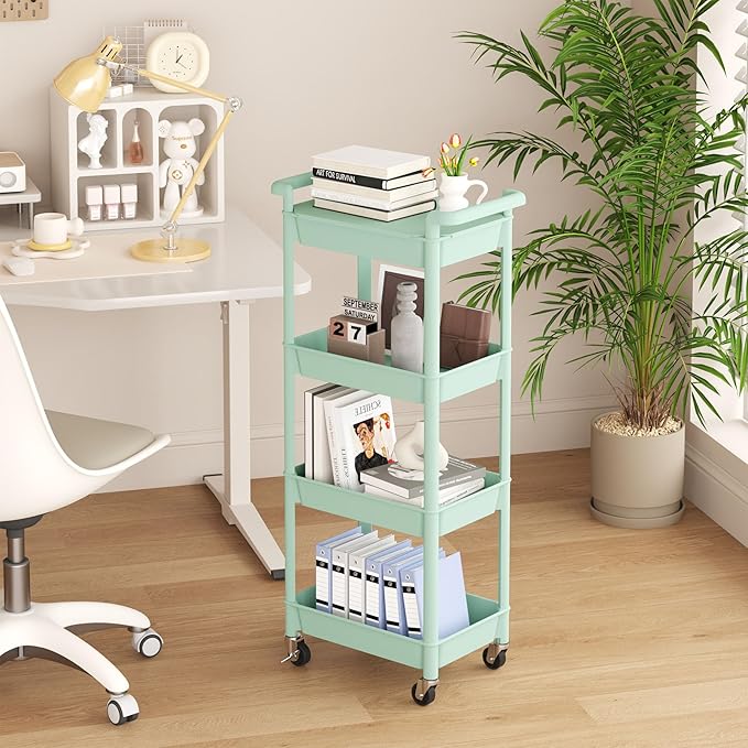 MIOCASA Utility Rolling Cart with Detachable Tray Top, 4-Tier Kitchen Storage Organization, Art Cart with Wheels for Office, Classroom, Livingroom, Kitchen, Bathroom (Green, 4-Tier-Plastic)