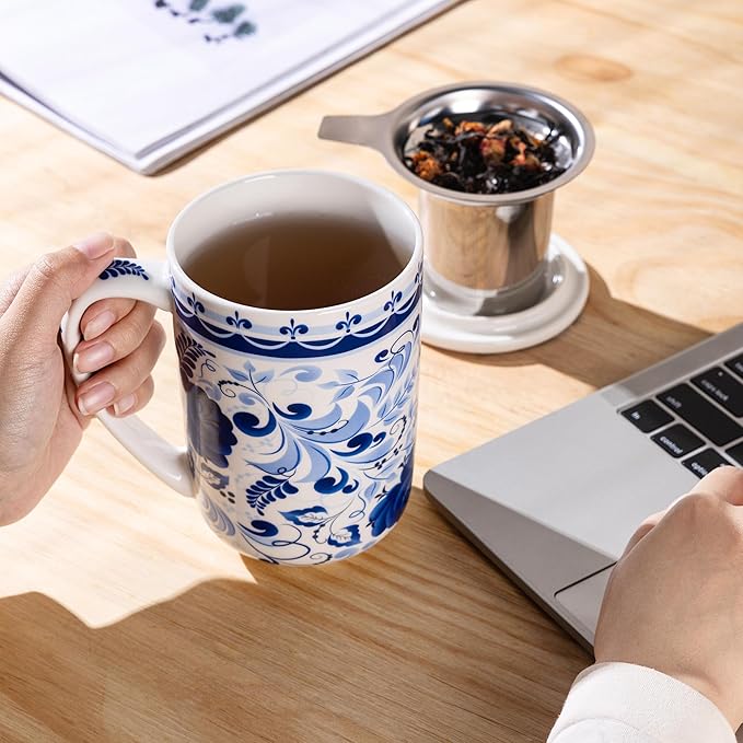 GBhome Tea Mug with Infuser and Lid, 18 Ounce Large Ceramic Loose Leaf Cup, Microwave, Dishwasher Safe, Perfect For Tea Lovers