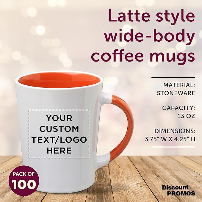 Custom Ceramic Latte Coffee Mugs by Albany 13 oz. Set of 100, Personalized Bulk Pack - Perfect for Coffee, Tea, Espresso, Hot Cocoa, Other Beverages - Orange