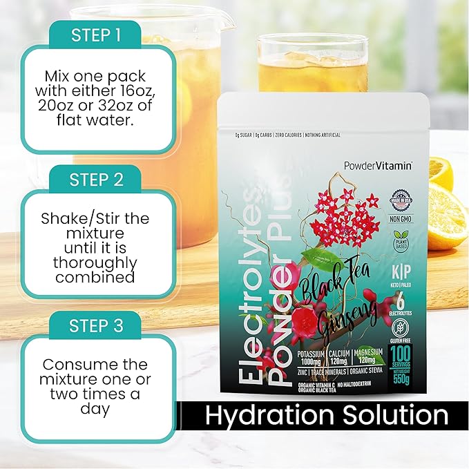 PowderVitamin Electrolytes Powder Plus (100 Servings) Black Tea Ginseng Electrolyte Powder Keto, Sugar Free, Pink Himalayan Salt,1000mg Potassium,150mg Calcium,150mg Magnesium, Hydration Powder