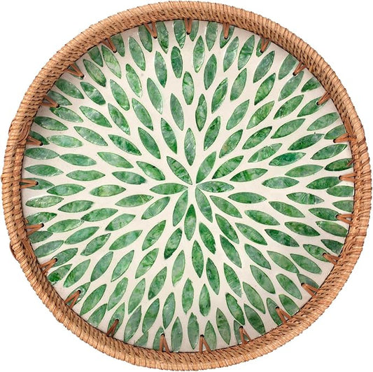 YANGQIHOME Round Rattan Tray with Handle, Mother of Pearl Inlay Decorative Wicker Basket for Coffee, Bread, Fruits, Serving Tray for Home Decor, 11.8 inch