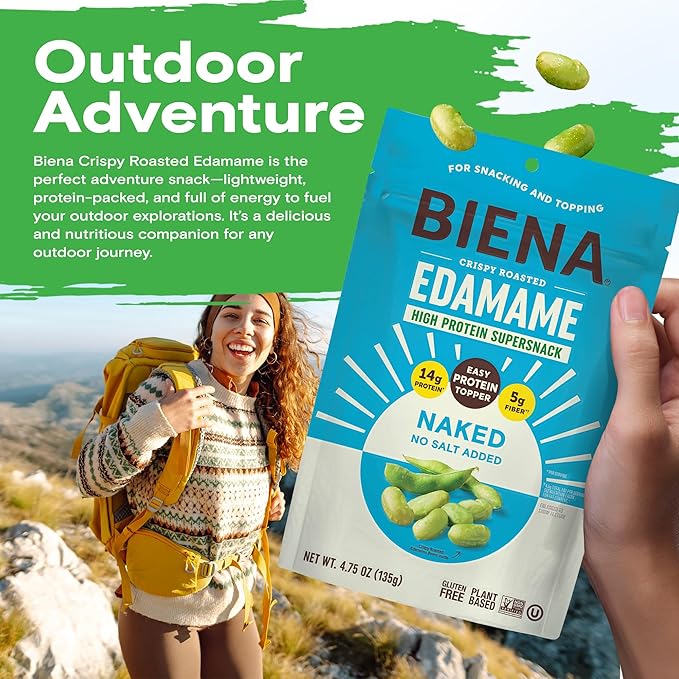 Biena Crispy Roasted Edamame Beans Snack – Naked – No Salt Low Sodium High Protein Snack for Adults & Kids, 14g Protein per Serving – Sugar/Oil/Salt Free – Vegan, Low Carb, Gluten-Free – 3-Pack 4.75oz