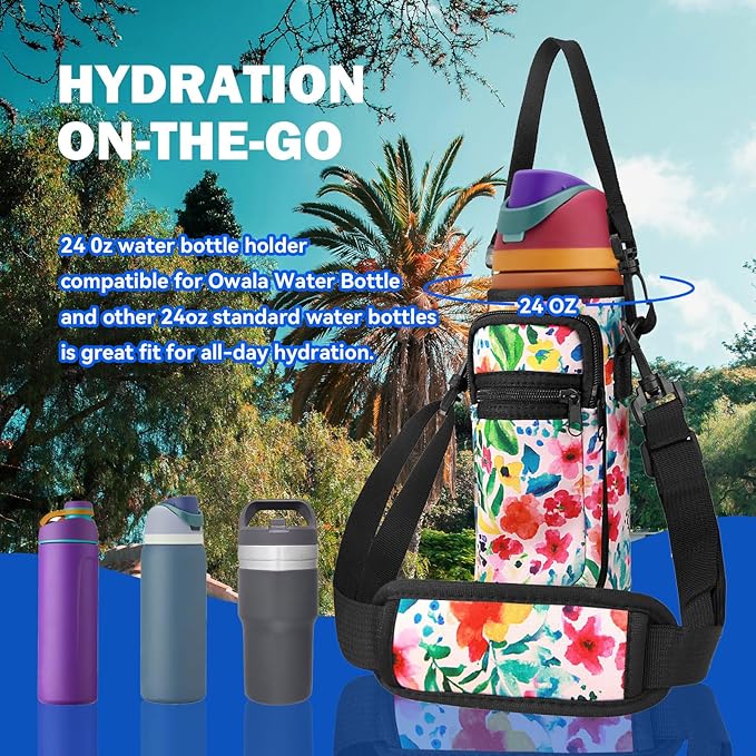 Neoprene Water Bottle Holder Bag with Cell Phone Pocket Compatible with Owala FreeSip 24 oz，Water Bottle Carrying Bag ，with Adjustable Shoulder Strap,for 24oz Stainless Steel Water Bottle