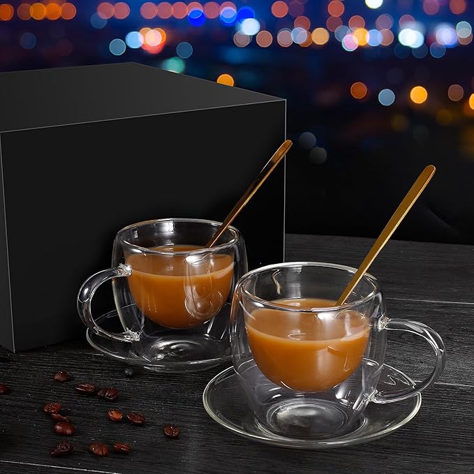 Clear Glass Coffee Cups with Spoons in a Luxurious Gift Box Set of 2 Pieces - 5.5oz in Sizes Double Wall Insulated Reusable Cups for Home Cafe Restaurant - Best Gift for Coffee Lovers