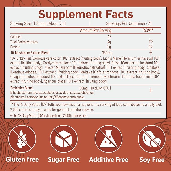 Mushroom Probiotic Coffee Creamer, 10 Mushrooms Creamer with Probiotics, Lion’s Mane, Cordyceps, Reishi, Turkey Tail, Shiitake for Gut, Digestion, Gluten Free 21 Serving