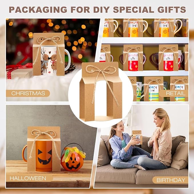 Kosiz 36 Pcs Mug Boxes Sublimation Coffee Mugs Gift Bags with Window Packaging Storage Box for Shipping Selling Wedding Valentines Gift Packaging Wrapping (for 15oz Mug,Brown)