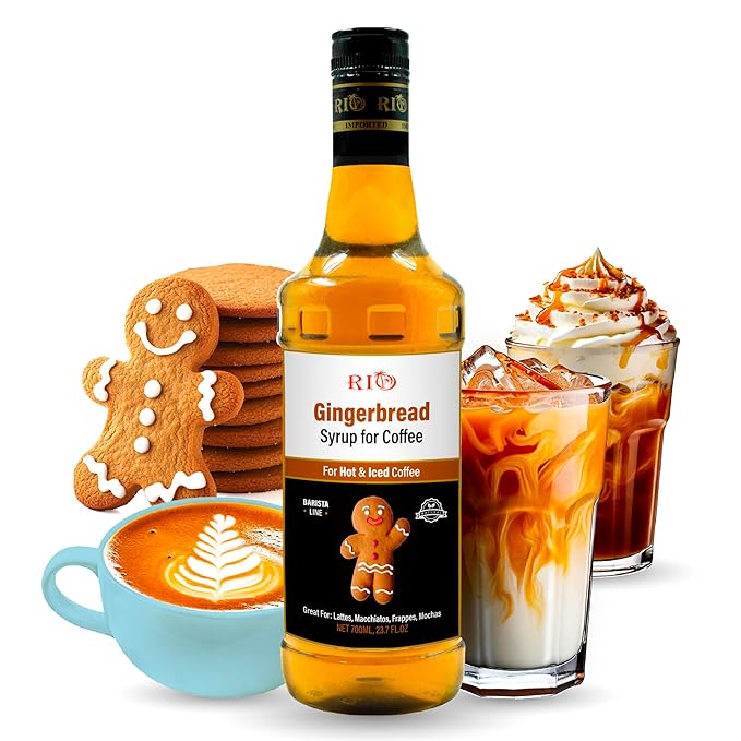 RIO Gingerbread Coffee Syrup, Perfect for Hot or Iced Drinks & Desserts, Spiced & Warming Flavoring Sweetened with Pure Cane Sugar, Barista-Grade Flavor Syrups for Coffee Drinks at Home & Work - 700ml