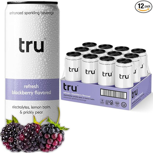 Tru Refresh Seltzer, Sparkling Water with Electrolytes, Prickly Pear, Lemon Balm & Real Blackberry Juice, Sweetened with Monk Fruit & Stevia, Gluten Free, Vegan, Caffeine Free, 12 FL OZ Cans, 12 Pack