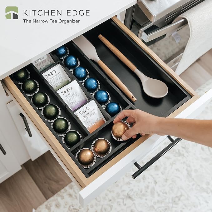 KitchenEdge Tea Bag and Coffee Pod Kitchen Drawer Organizer, Expandable 9.7 to 17 Inches, 10 Storage Compartments, Adjustable Wall Inserts, Non-Slip Feet, Food-Safe Black Finish, 100% Bamboo Wood