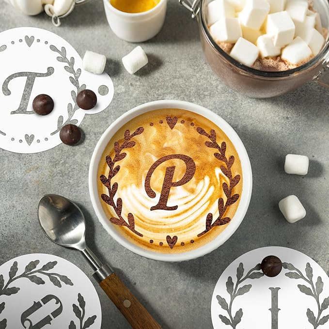 Keluna Coffee Latte Art Stencils - 30 Pcs Letters Alphabet Baking Stencils for Coffee Latte Art Sour Dough Bread Cake Cookie Decorating