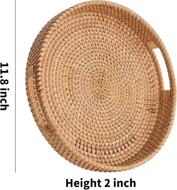 Round Rattan Serving Tray,Hand-Woven Tray with Handles, Ottoman Decorative Coffee Table Tray,Wicker Storage Basket for Tea,Fruit,Bread (Natural, 11.8")
