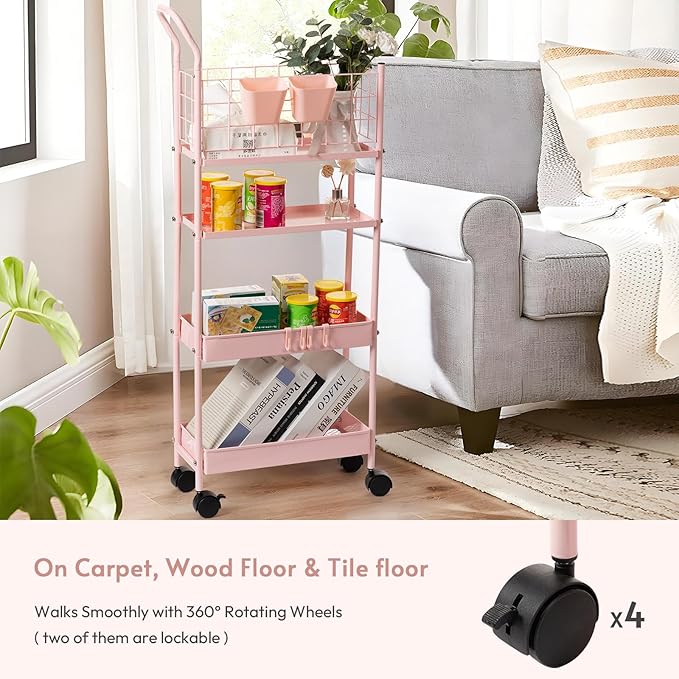 danpinera 4 Tier Slim Cart with Wheels, 7.7’’ Metal Skinny Rolling Storage Cart on Wheels for Kitchen, Bedroom, Office, Laundry Room, Small Narrow Spaces with Hooks and Cups, Pink