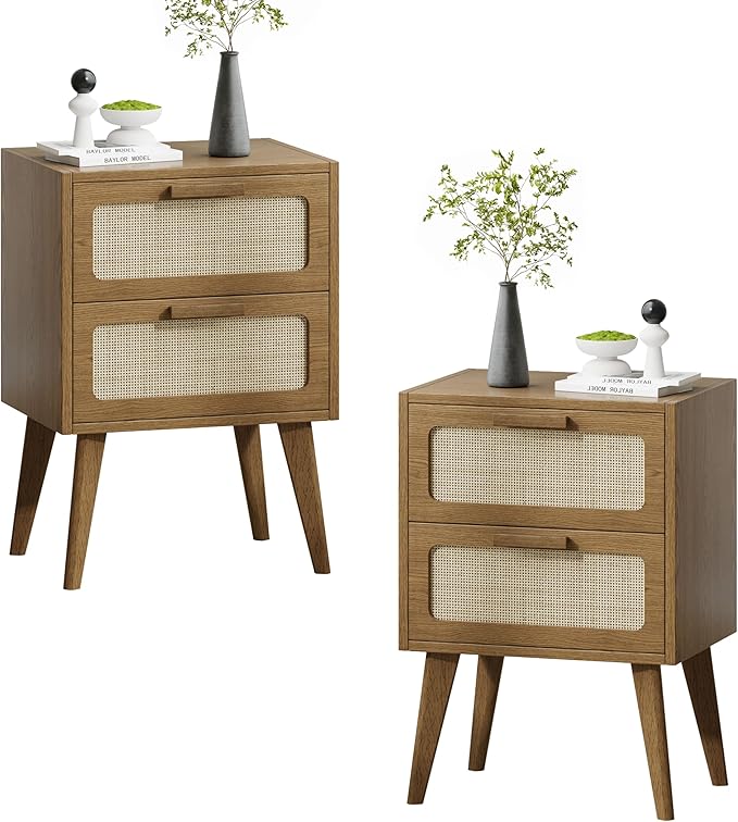 Rattan Nightstand Set of 2,Mid Century Modern Bedside with Drawers,End Table, Side Table with 2 Hand Made Rattan Decorated Drawers for Livingroom,Bedroom,Caramel Oak CTG59BR-2