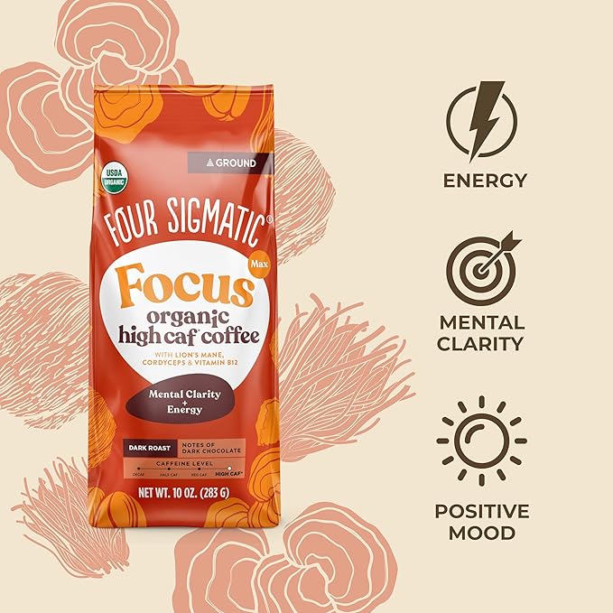 Four Sigmatic Focus Max High Caffeine Cordyceps Coffee | Organic Dark Roast High Caffeine Ground Coffee with Cordyceps, Lion's Mane and B12 | Energy Booster Without the Jitters | 10oz Bag
