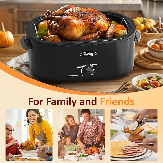 Sunvivi Electric Roaster, 26 Quart Electric Roaster Oven with Self-Basting Lid, Turkey Roaster Oven Buffet with Removable Pan, Cool-Touch Handles, Black