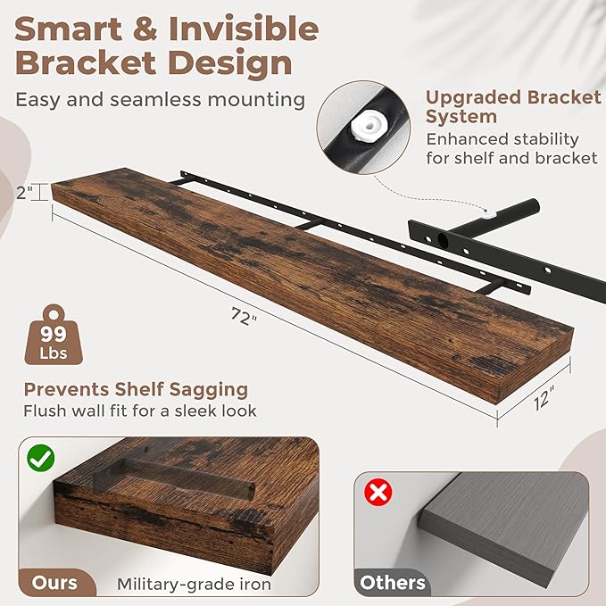12" Deep Floating Shelves for Wall with Invisible Brackets, Wall Mounted Engineered Wood Shelves with Wood Grain for Living Room, Bedroom, Kitchen Decor and Storage, 72"L Set of 1, Rustic Brown