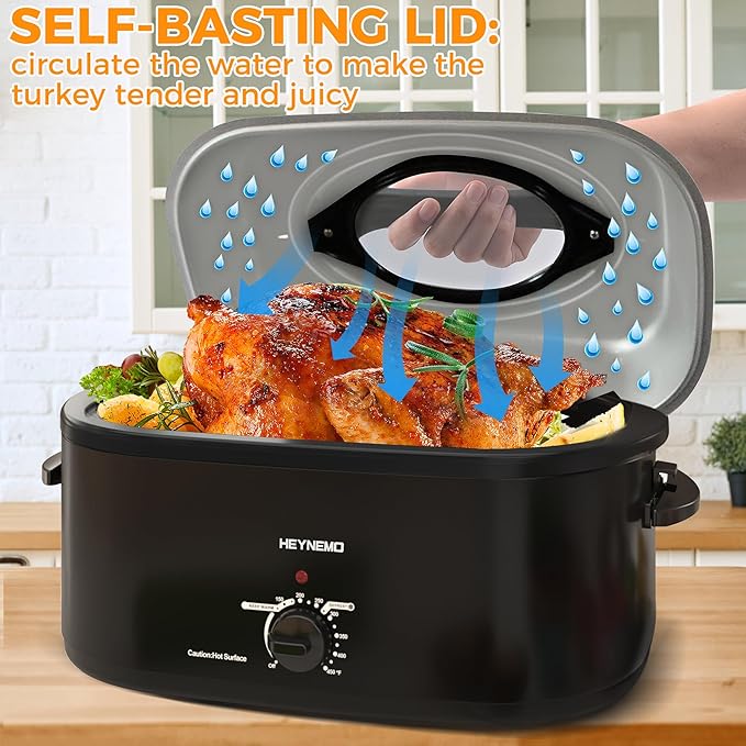 20 Quart Roaster Oven with Self-Basting Lid, Electric Turkey Roaster Oven with Defrost & Warm Function, Adjustable Temperature, Removable Pan & Rack, Stainless Steel, Black