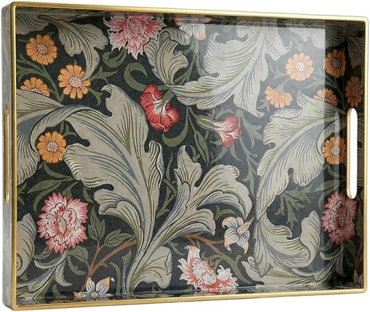 Zosenley Vintage William Morris-Style Serving Tray with Handles - 15.7" x 11.8" Floral Pattern Decorative Platter for Coffee Table, Ottoman & Breakfast in Bed - Sturdy Plastic Rectangular Tray