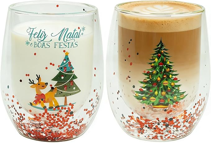 Christmas Mugs, 8 oz Double Wall Insulated Glass Coffee Mugs Set of 2, Cute Funny Mugs Coffee Cups for Cappuccino, Latte, Americano, Tea, Wine and Beverage