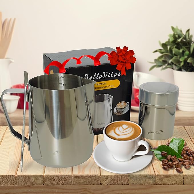 Milk Frothing Pitcher Set 20oz/600ml, 304 Stainless Steel Milk Frother Cup with Cocoa Shaker, Latte Art Pen, Stencils, Espresso Machine Accessories & Coffee Barista Tools Latte Pitcher Gift
