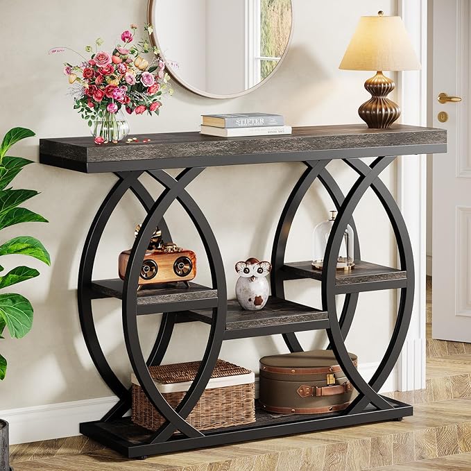 Tribesigns 39.4" Console Table, Industrial 4-Tier Sofa Table Entryway Table with Storage Shelves, Narrow Wood Accent Tables with Metal Frame for Small Spaces, Hallway, Foyer, Black Brown