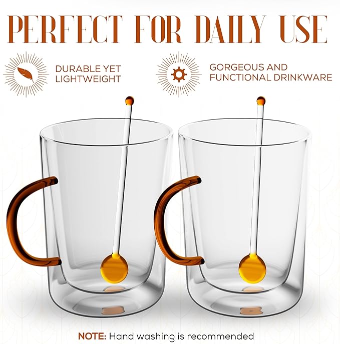Elle Decor Double Wall Glass Coffee Mugs with Spoons | Set of 2 | Glass Cups with Colored Handles | Clear Coffee Mugs for Latte, Cappuccino, Espresso Coffee, Tea and Hot & Cold Beverages (Amber)