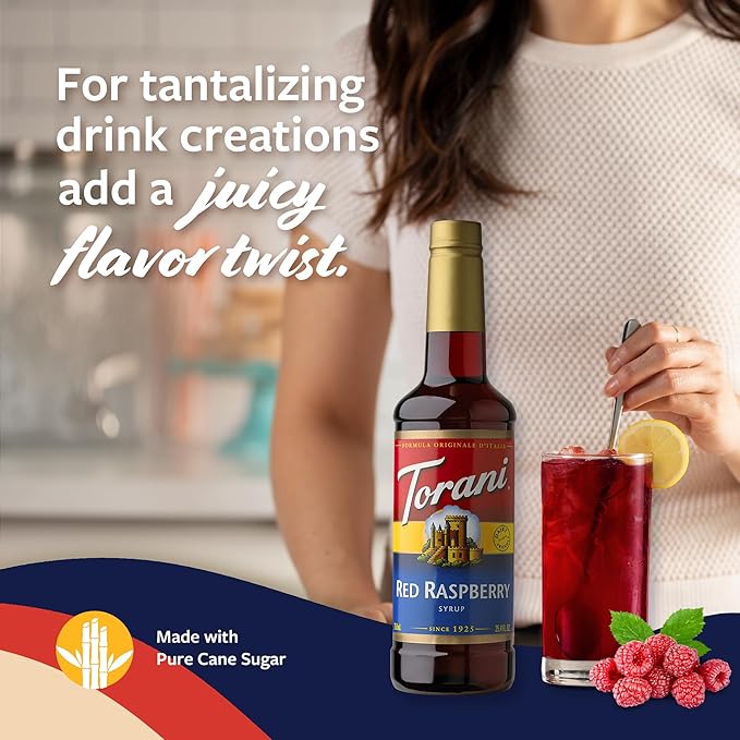 Torani Red Raspberry Syrup for Drinks, Flavoring for Iced Tea, Sodas, Cocktails, and Milk Shakes, Pump Included, 25.4 Oz