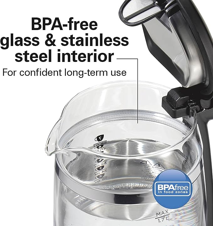 Hamilton Beach Double Wall 1.7L Electric Kettle, Water Boiler & Heater, Built-In Mesh Filter, Auto-Shutoff & Boil-Dry Protection, Cordless Serving, Variable LED Indicator, Glass (40850)