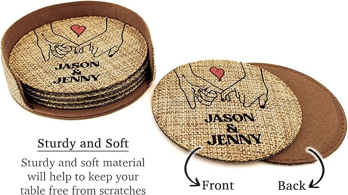 Smile Art Design Family Couple Names Custom Coaster Set of 6 with Base Round Burlap Material Personalized Prints Personalized Gifts Christmas House Warming for her him Valentine's Day Gift Style8