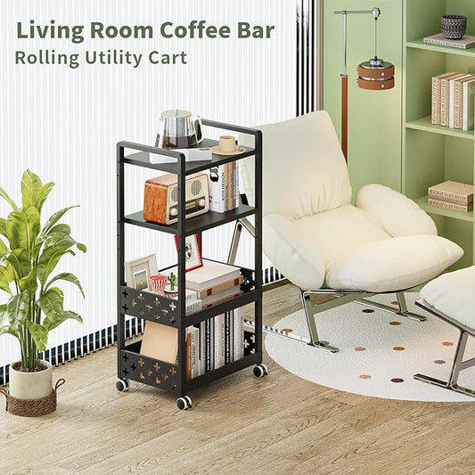 Kitchen Rolling Cart,4 Tier Mobile Utility Snack Cart with Adjustable Shelf, Fruit and Vegetable Storage on Wheels for Kitchen, Bathroom, Office,Coffee Bar Black