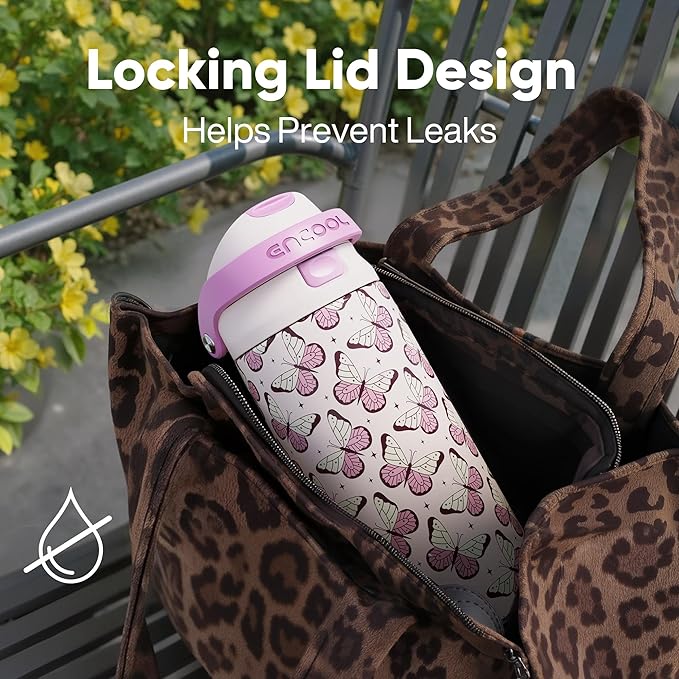 ENCOOL Leakproof Insulated Water Bottle with Straw Dual-Sip Water Bottle Bag-Safe Design for Work, Commute & Gym – Keeps Drinks Cold All Day, 24 oz, Blush Butterfly