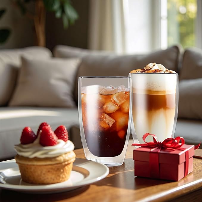 MESNEY Double Wall Espresso Cups 17 Oz, Glass Coffee Mugs Set of 6, Insulated Clear Cappuccino Latte Mugs for Home, Cafe & Restaurant, Durable Stackable Drinking Glasses