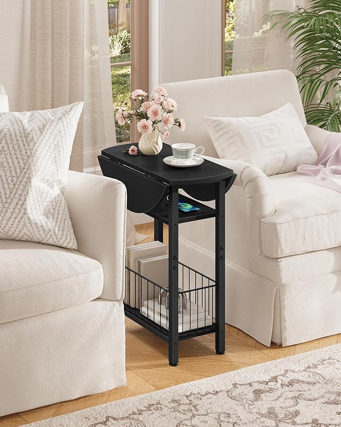 Side Table with Charging Station, Folding Side Table with Storage, 3-Tier Narrow End Table with Folding Top, Small Side Table for Small Spaces, for Living Room, Bedroom, Black TBZ10UBB