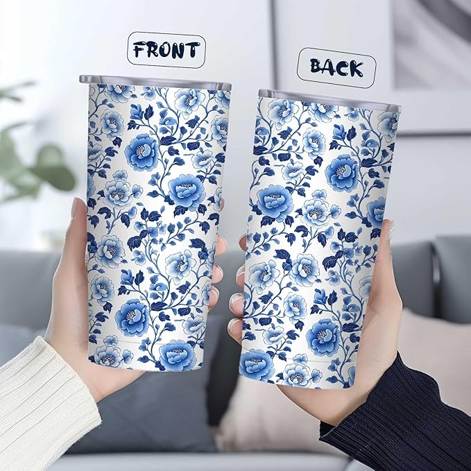 Blue Floral Tumbler 20 oz | Stainless Steel Travel Tumbler with Lid and Straw | Flower Coffee Mug for Hot & Cold Drinks | Gift for Mom Grandma | Vintage Tea Cup