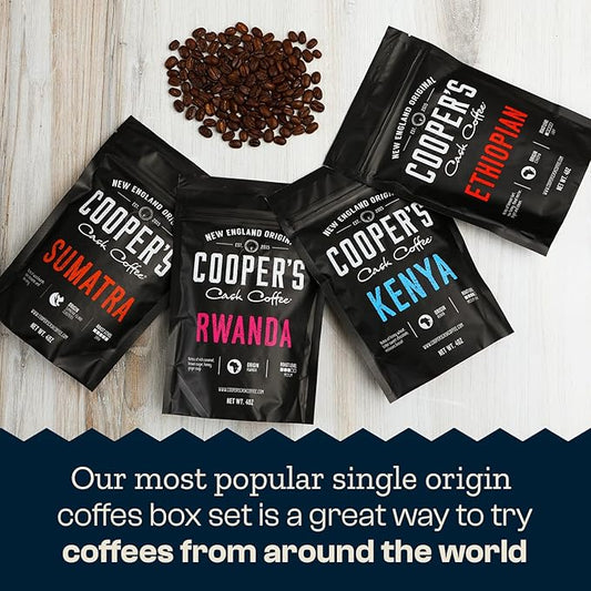 Gourmet Coffee Sampler Gift Box Set, Roasted Coffee Ground, Sumatra Dark, Kenya AA Medium-Dark, Rwanda Medium, Natural Ethiopian Light, Ground, 4 Bags, 16 oz Total