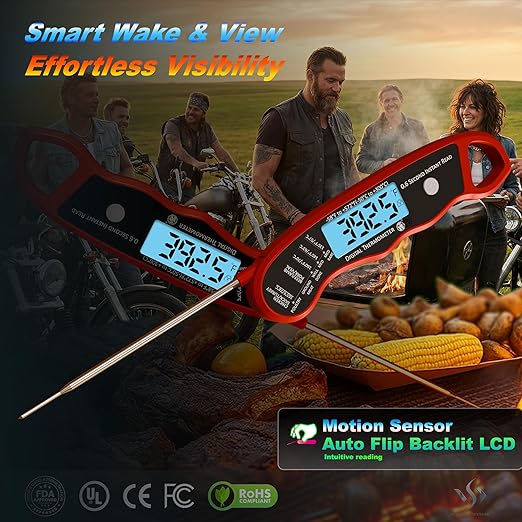0.6S Instant Read Digital Meat Thermometer Probe/Pen，Factory‑Calibrated/Waterproof/Backlit/Magnetic/Flip Display/Motion Sensor:Outdoor BBQ, Barbecue Grilling, Smoking, Oven, Baking, Oil, Candy