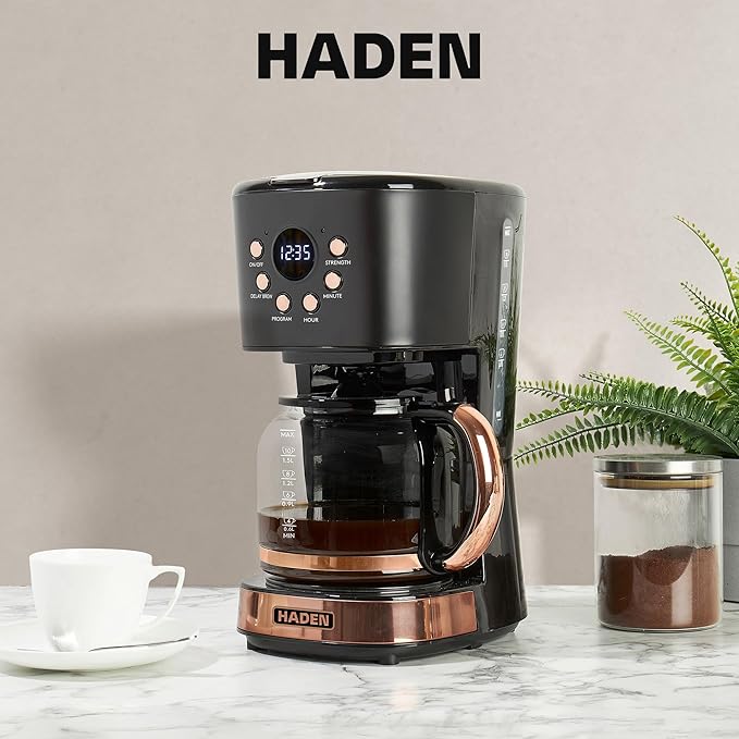 HADEN Coffee Machine, 12 Cup Programmable Drip Coffee Maker with Auto Shut-Off Function and Reusable Washable Water Filter, Black & Copper