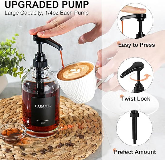 Coffee Bar Accessories, Syrup Dispenser With 1/4oz Large Capacity Pump - Glass Pump Dispenser for Station, Organizer, 4 Pack