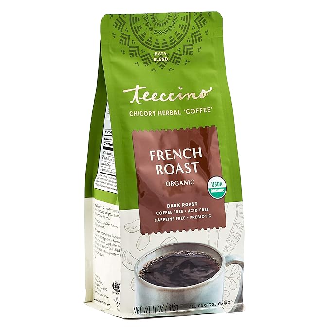 Teeccino French Roast Chicory Coffee Alternative - Ground Herbal Coffee That’s Prebiotic, Caffeine-Free & Acid Free, Dark Roast, 11 Ounce (Pack of 6)