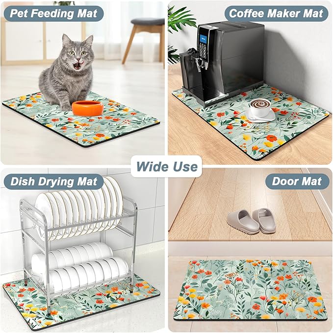 Rnivvi Coffee Mat, 12" x 19" Cute Coffee Bar Mats for Espresso Machine Station Accessories and Organizer, Hide Stain Rubber Backed Absorbent Dish Drying Pad for Kitchen Counter, Abstract Flowers