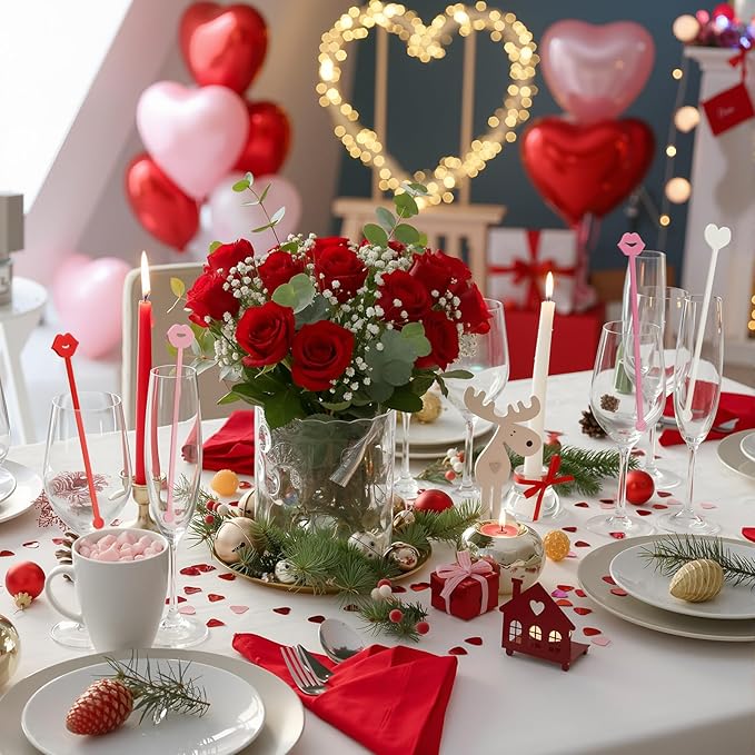 32 Pcs Valentines Day Cocktail Stirrers 7 Inch Heart Love Lips Drink Coffee Stirrers Cute Acrylic Stir Sticks for Valentines Wedding Drink Birthday Bridal Cocktail Supply(Fashion Style)