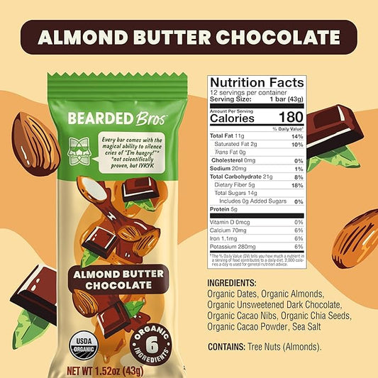 Bearded Brothers, Organic Vegan Protein Energy Bars, Almond Butter Chocolate (12 Pack) - Gluten Free, Paleo, Non GMO, Soy Free, Low Glycemic, No Sugar Added, Whole 30, Fiber (Packaging May Vary)